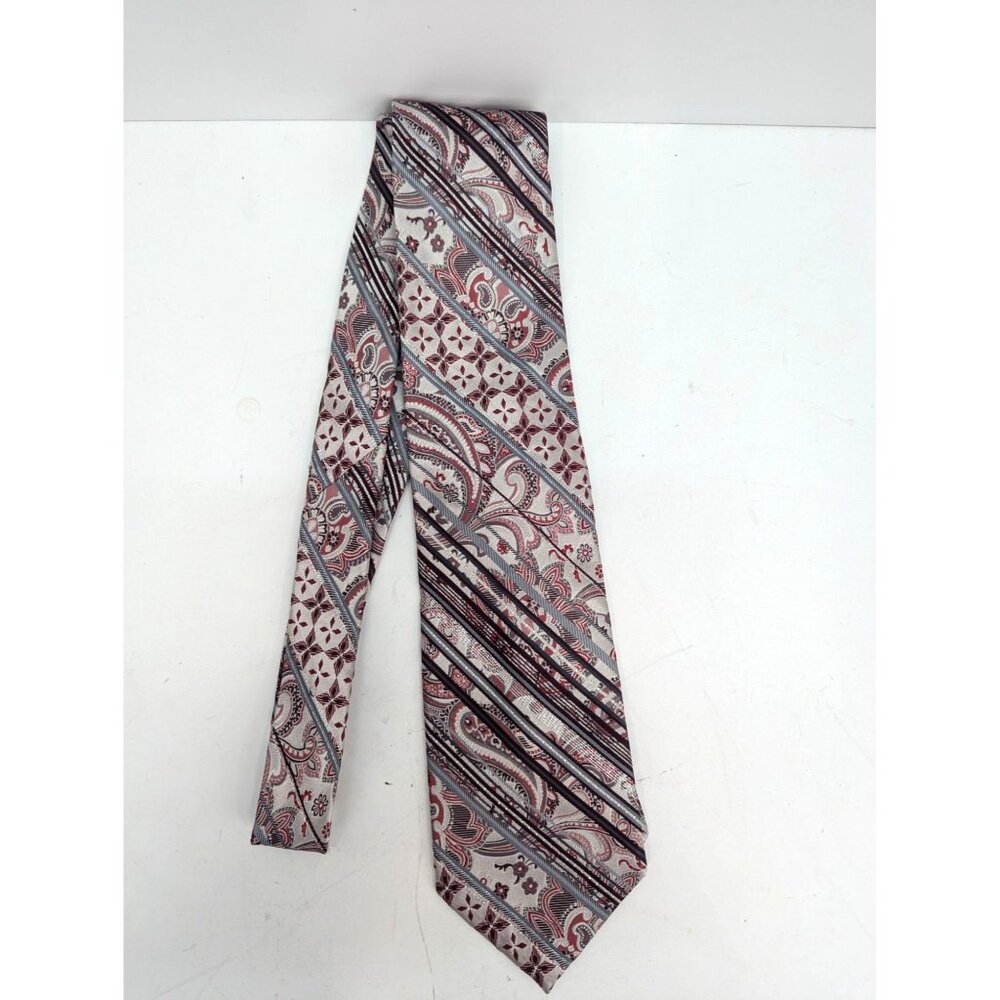 Antonio Fellini Men Silk Burgundy Red Silver Paisley Necktie Standard 60 Inch